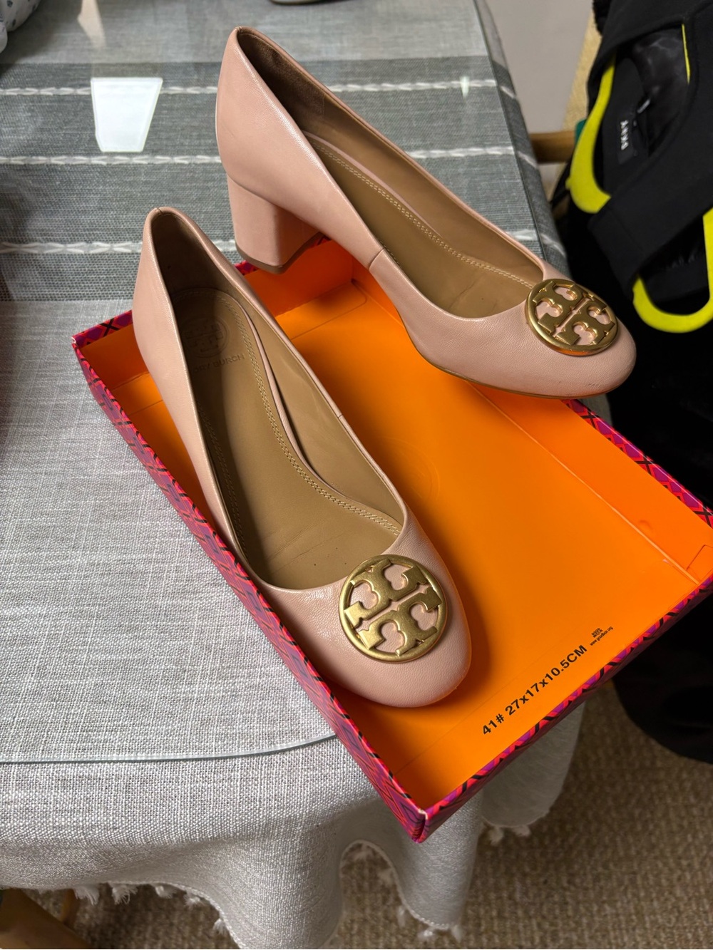 Tory Burch Pink Block Heel Pumps with Gold Logo size 6